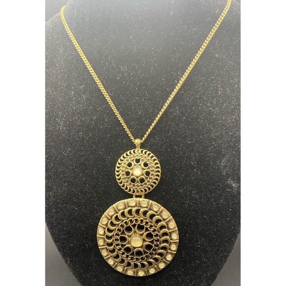 Lucky Brand Necklace Gold Tone Tribal Double Disk Crescent Faux Moon Stone 29+2" - Picture 2 of 8